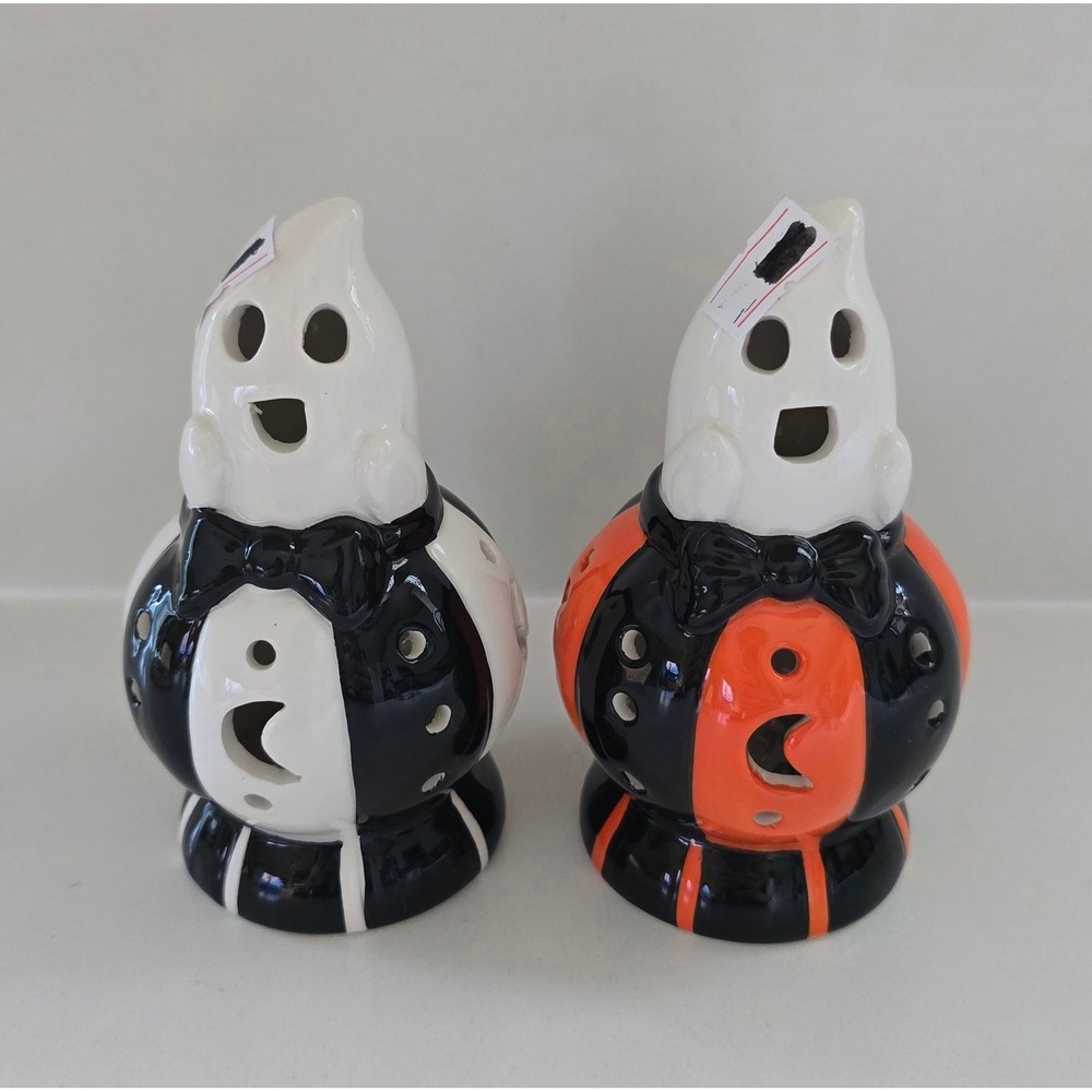 New Ganz Set of 2 Ceramic Ghost Halloween Tea Light Holders Striped Clown Decor